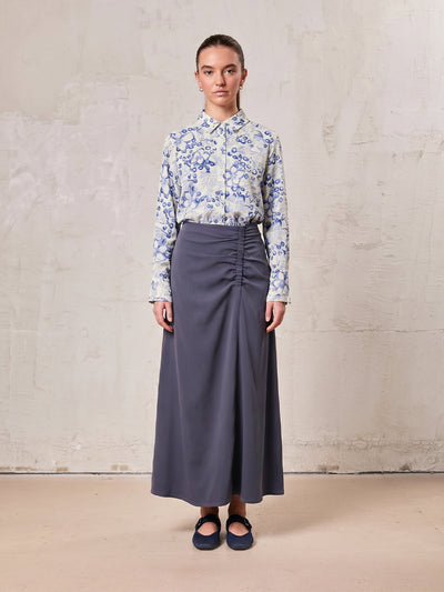 SIDE RUCHED SKIRT-BLUE