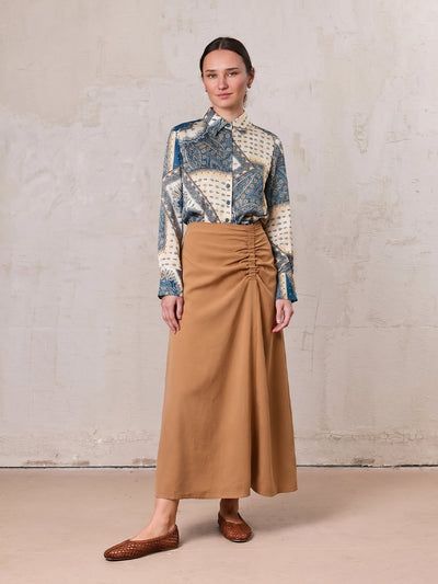 SIDE RUCHED SKIRT-TAN