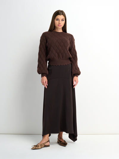 Curved Yoke Faux Satin Skirt - Brown