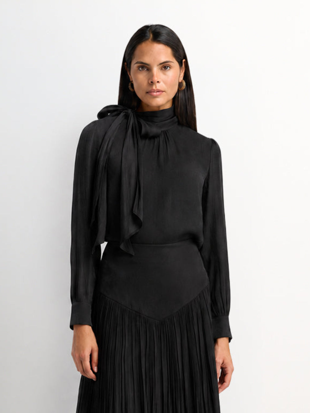 Textured Shimmer Center Bow Blouse - Black