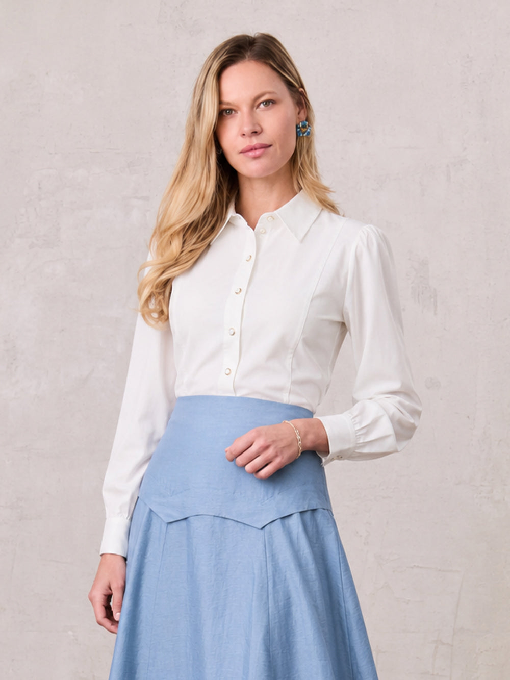 Princess Cut Puff Sleeve Cotton Blouse-White
