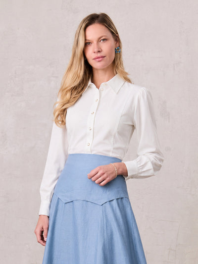 Princess Cut Puff Sleeve Cotton Blouse-White