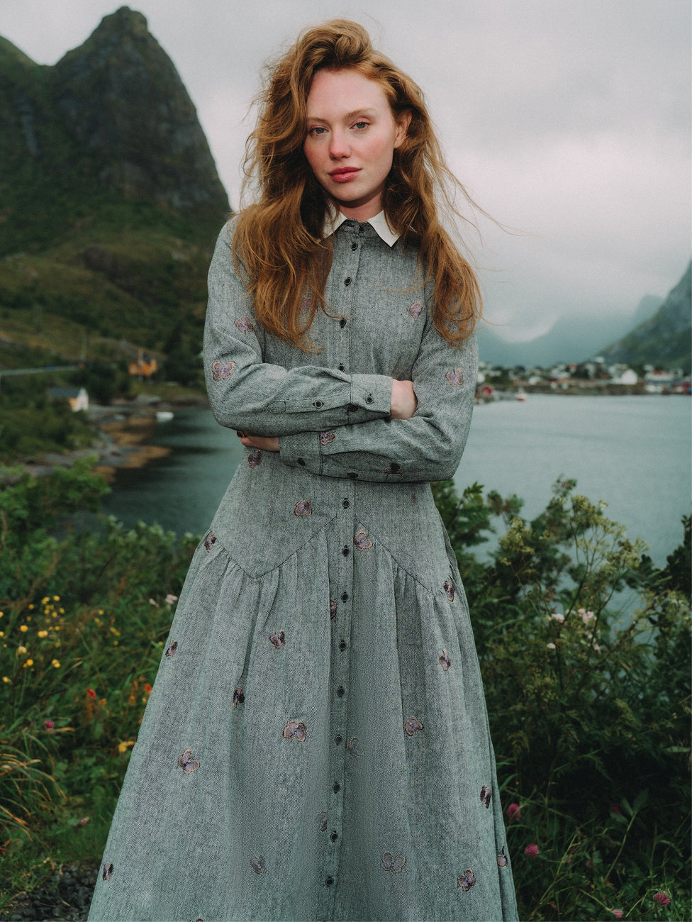 Drop Waist Shirtdress - Embroidered Butterfly