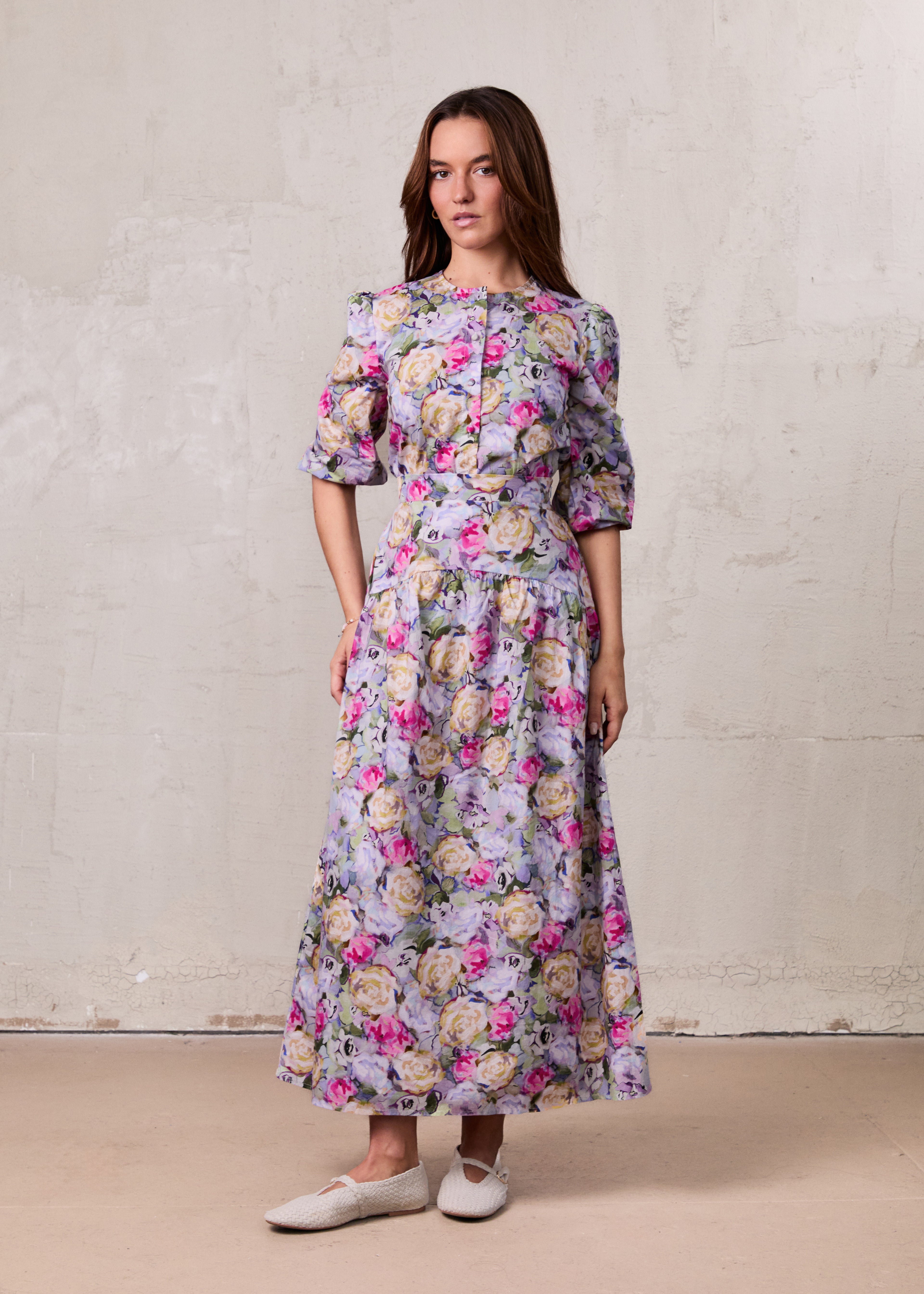 Yoke Floral Skirt-Pink/Purple