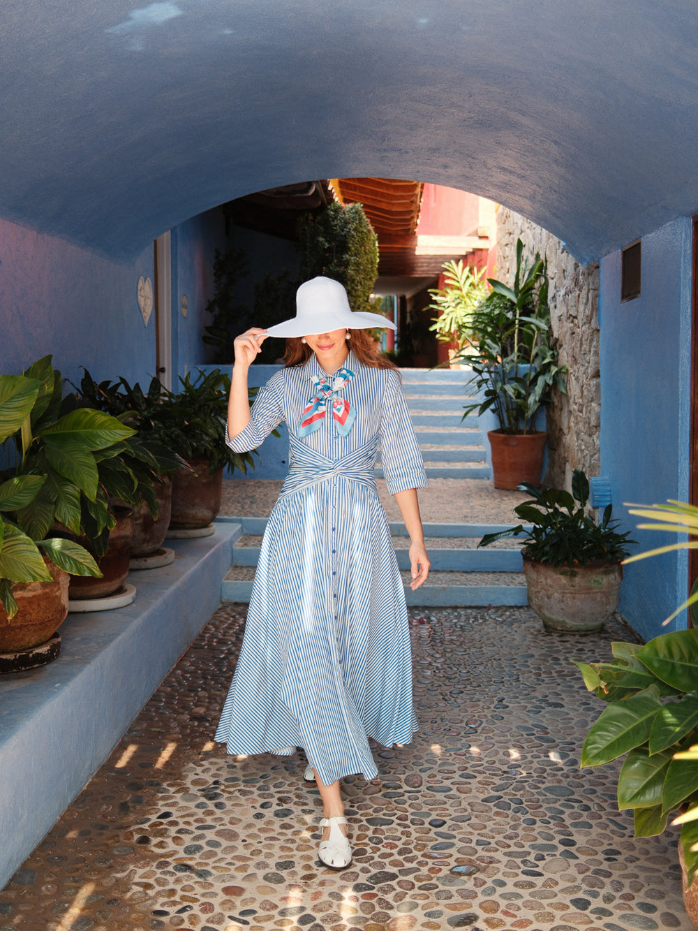 Ruched Knot Dress-Blue/White Stripe