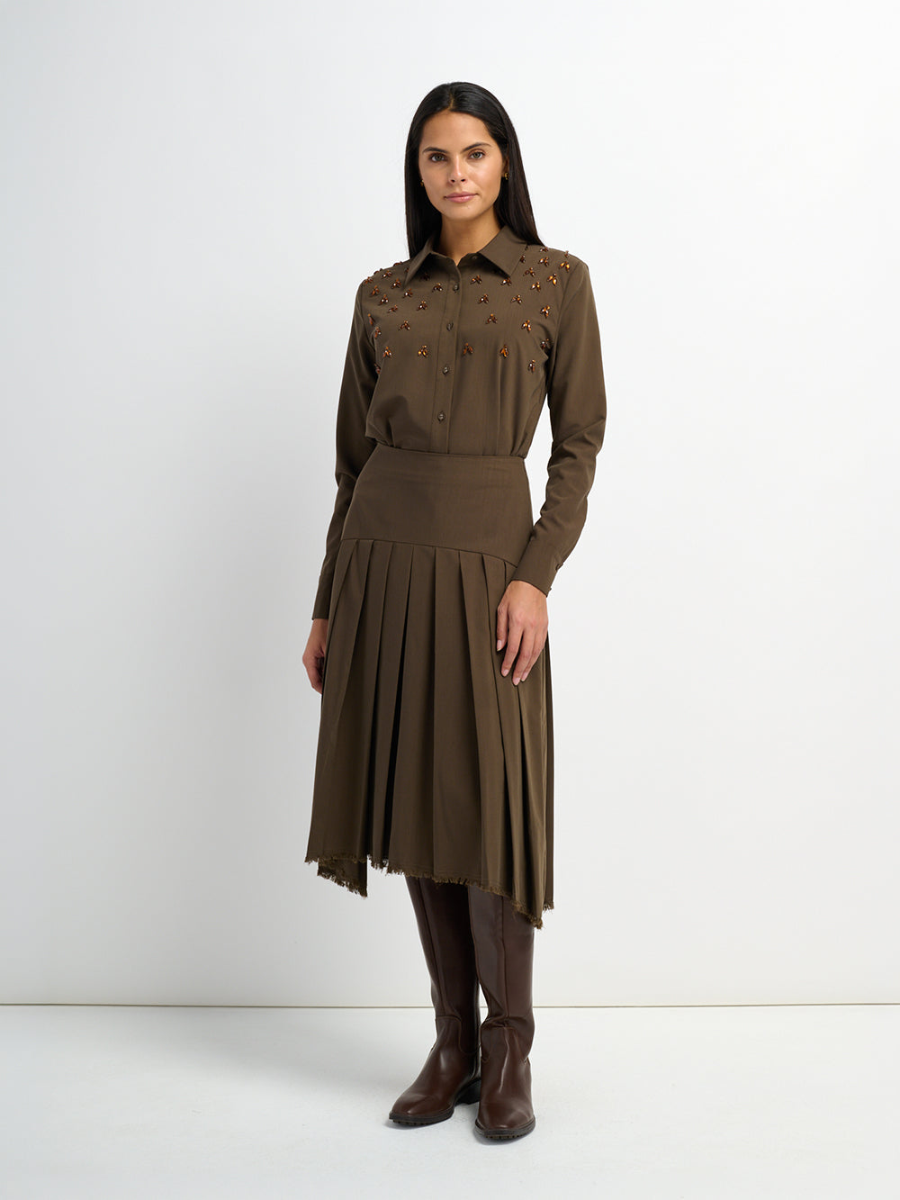 Curved Yoke Fringe Bottom Pleat Skirt SHORT- Brown
