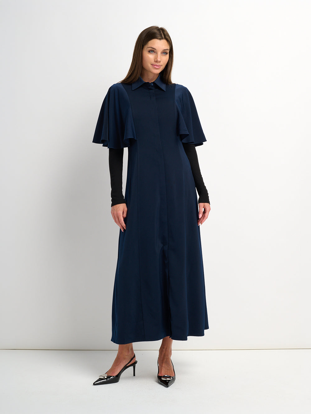 Cape Sleeve Maxi Shirtdress - Blue