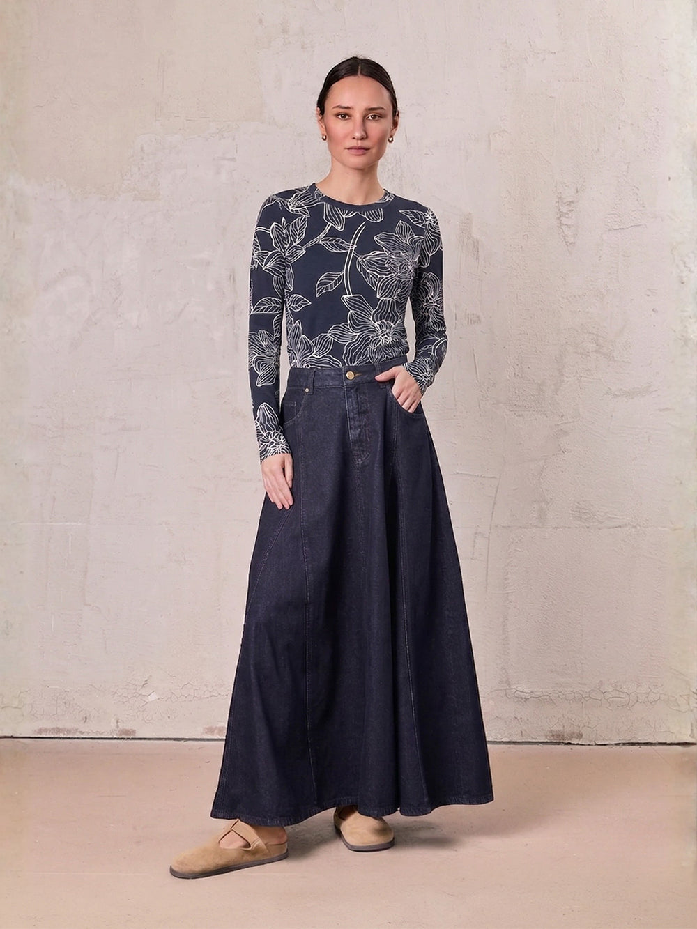 Seamed Full Denim Skirt-Dark Blue