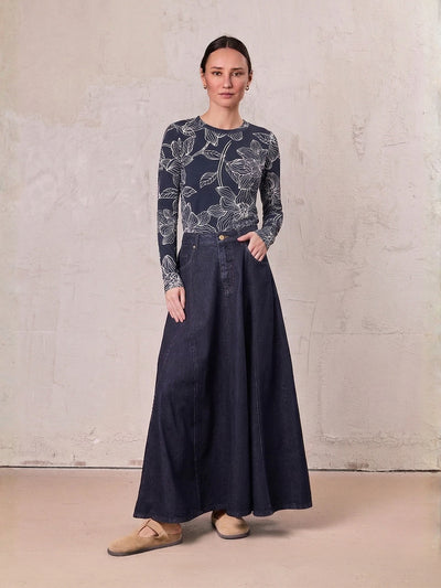 Seamed Full Denim Skirt-Dark Blue