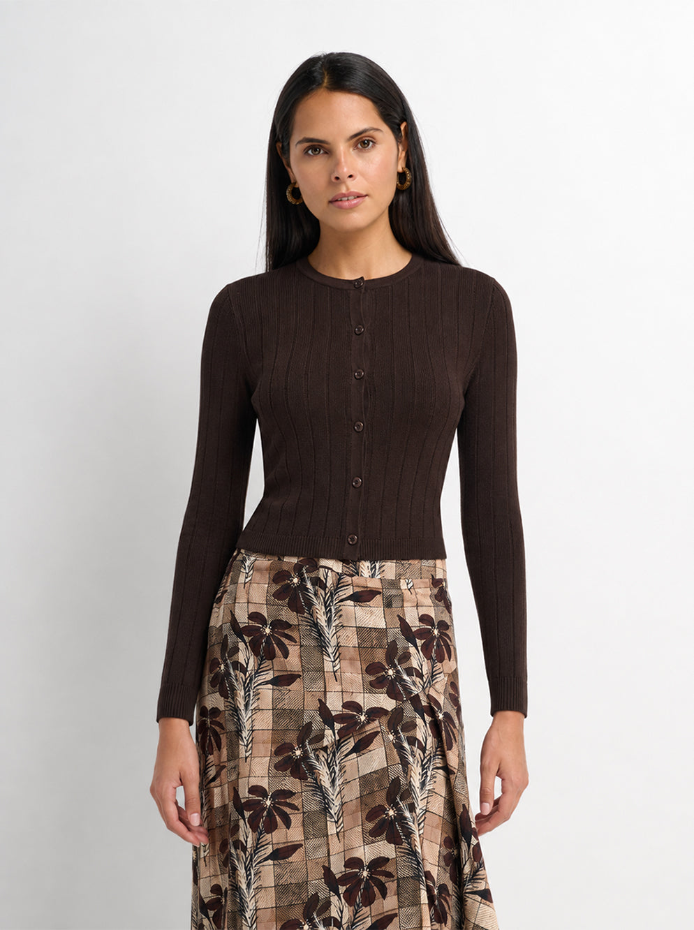 Silk Knit Ribbed Cardigan 17"- Brown