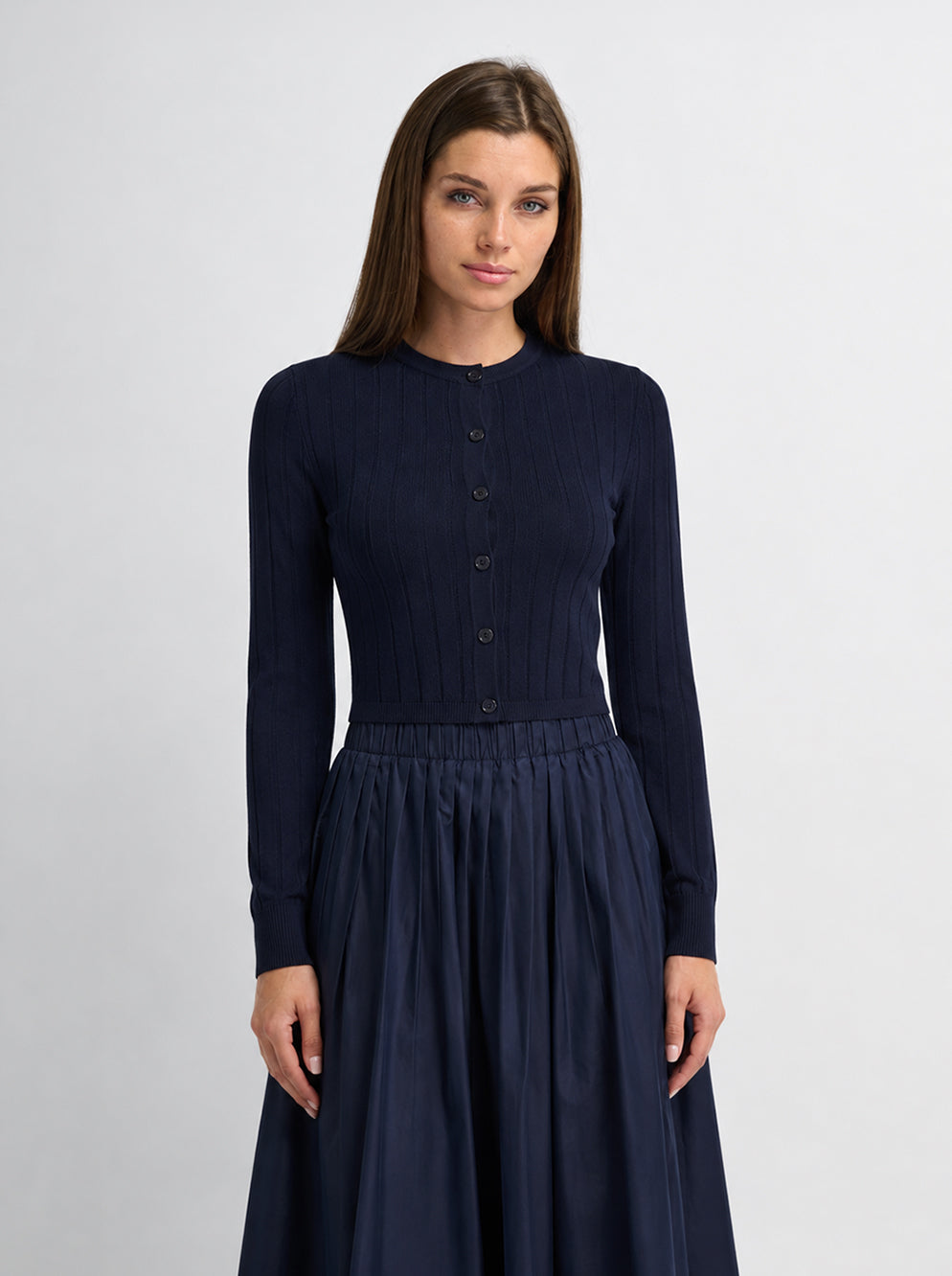 Silk Knit Ribbed Cardigan 17" - Navy