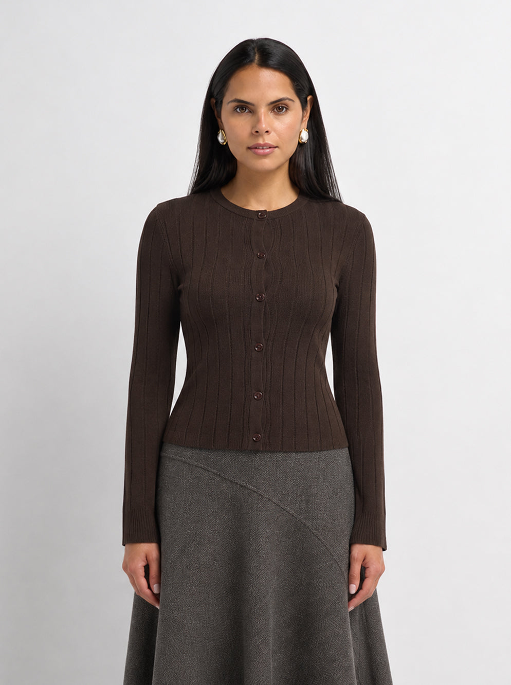 Silk Knit Ribbed Cardigan 20"- Brown