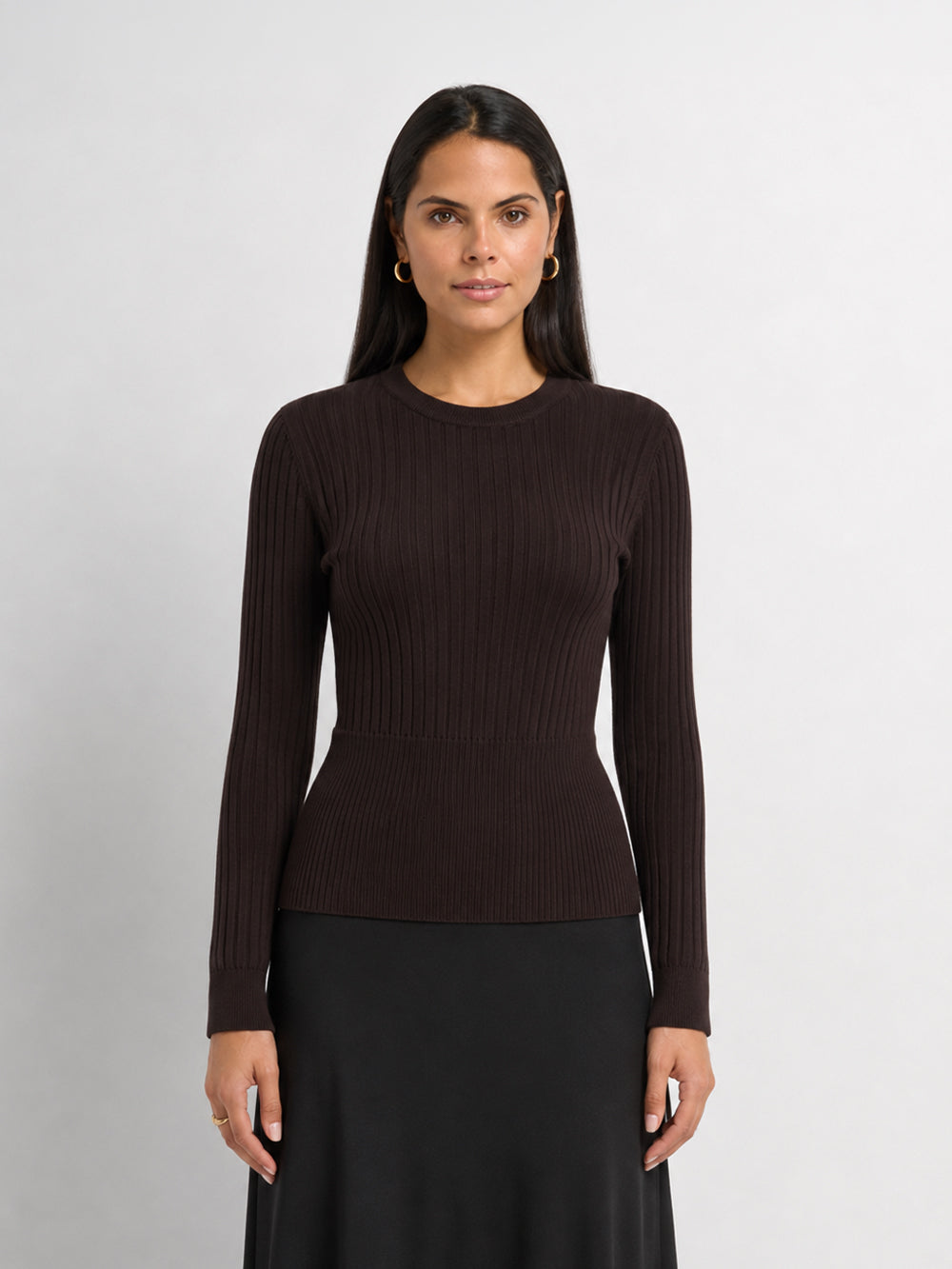 Soft Thin Ribbed Banded Sweater - Brown