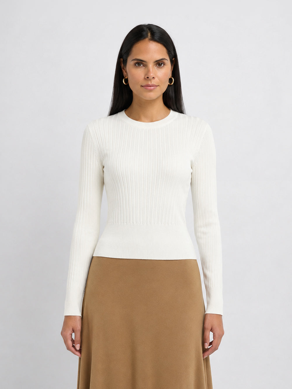 Soft Thin Ribbed Banded Sweater - Cream