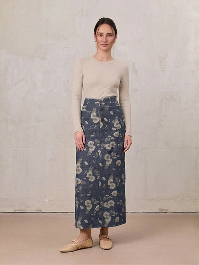 Straight Maxi Denim Skirt-Plaid Tan Floral