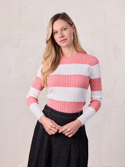 Striped Cable Sweater-Coral/White