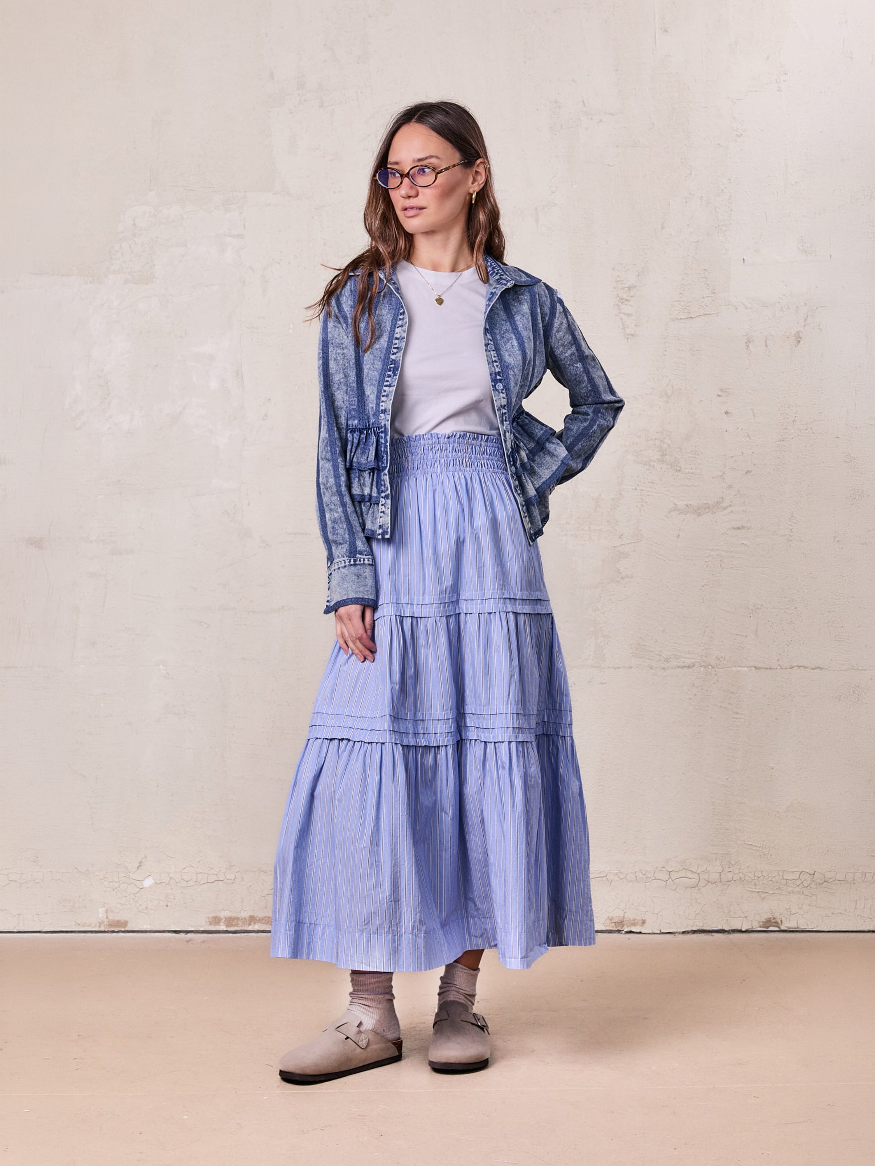 Striped Prairie Skirt-Light Blue