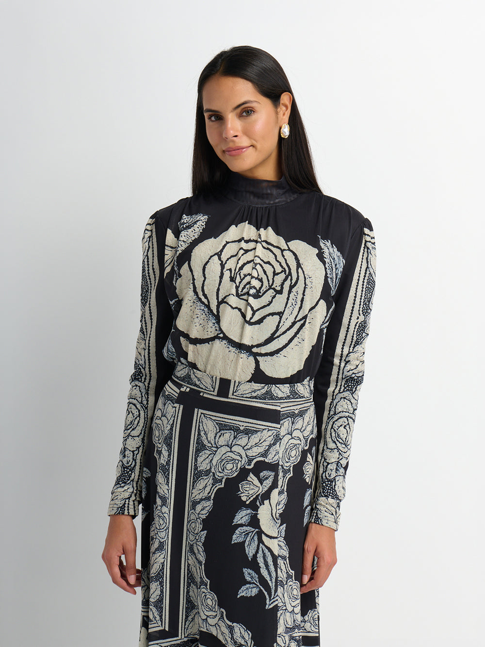 High Neck Mesh Printed Top - Cream Black Floral