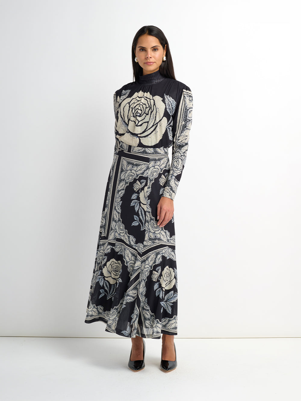 Mesh Trumpet Skirt - Cream Black Floral