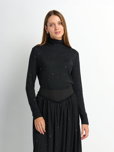 Rhinestone Embelished Mesh Turtleneck - Black