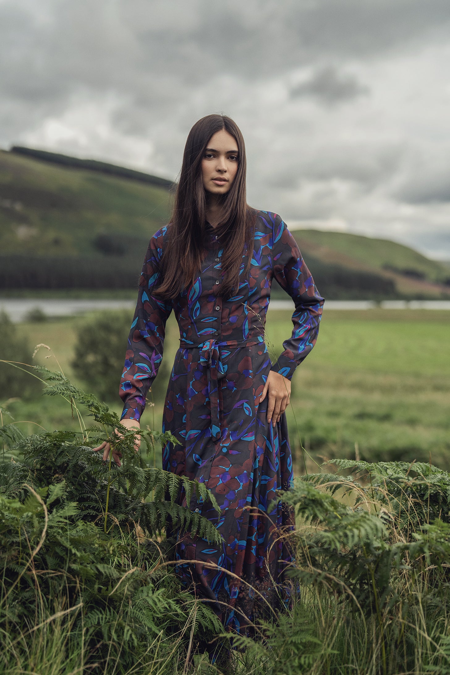 Collared A-Line Shirtdress-Brown Floral Fame on Central Collared A-Line Shirtdress-Brown Floral Fame on Central