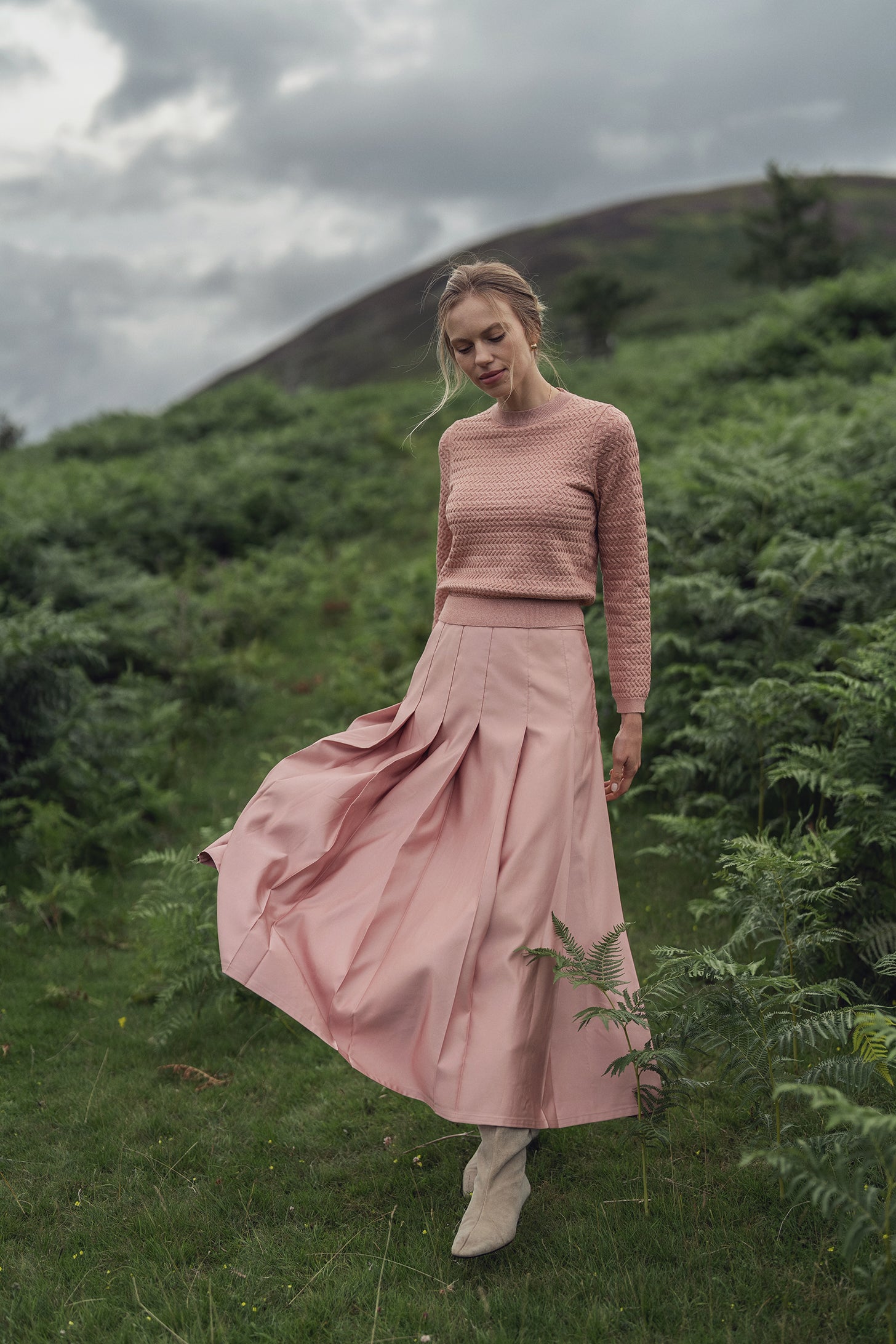 Textured Lurex Crew Sweater-Blush