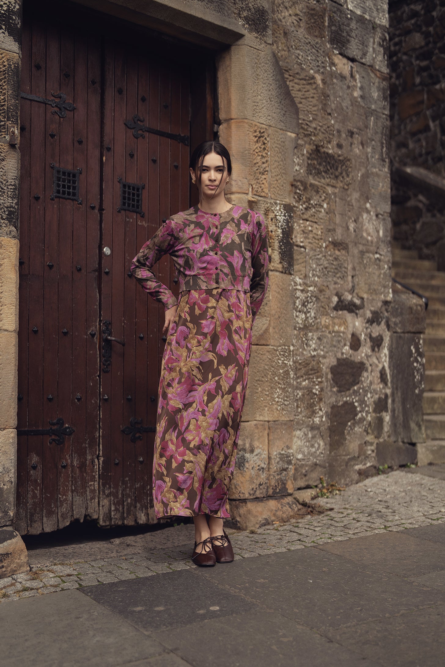 A-Line V Neck Slip Dress-Brown/Pink Floral A-Line V Neck Slip Dress-Brown/Pink Floral