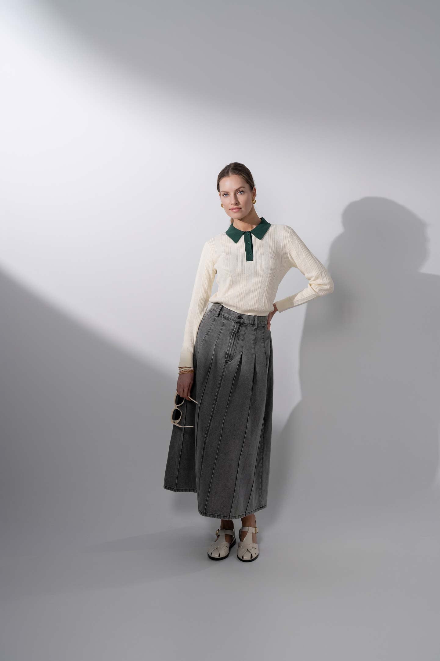 Knit Detail Collar Sweater-Cream/Green