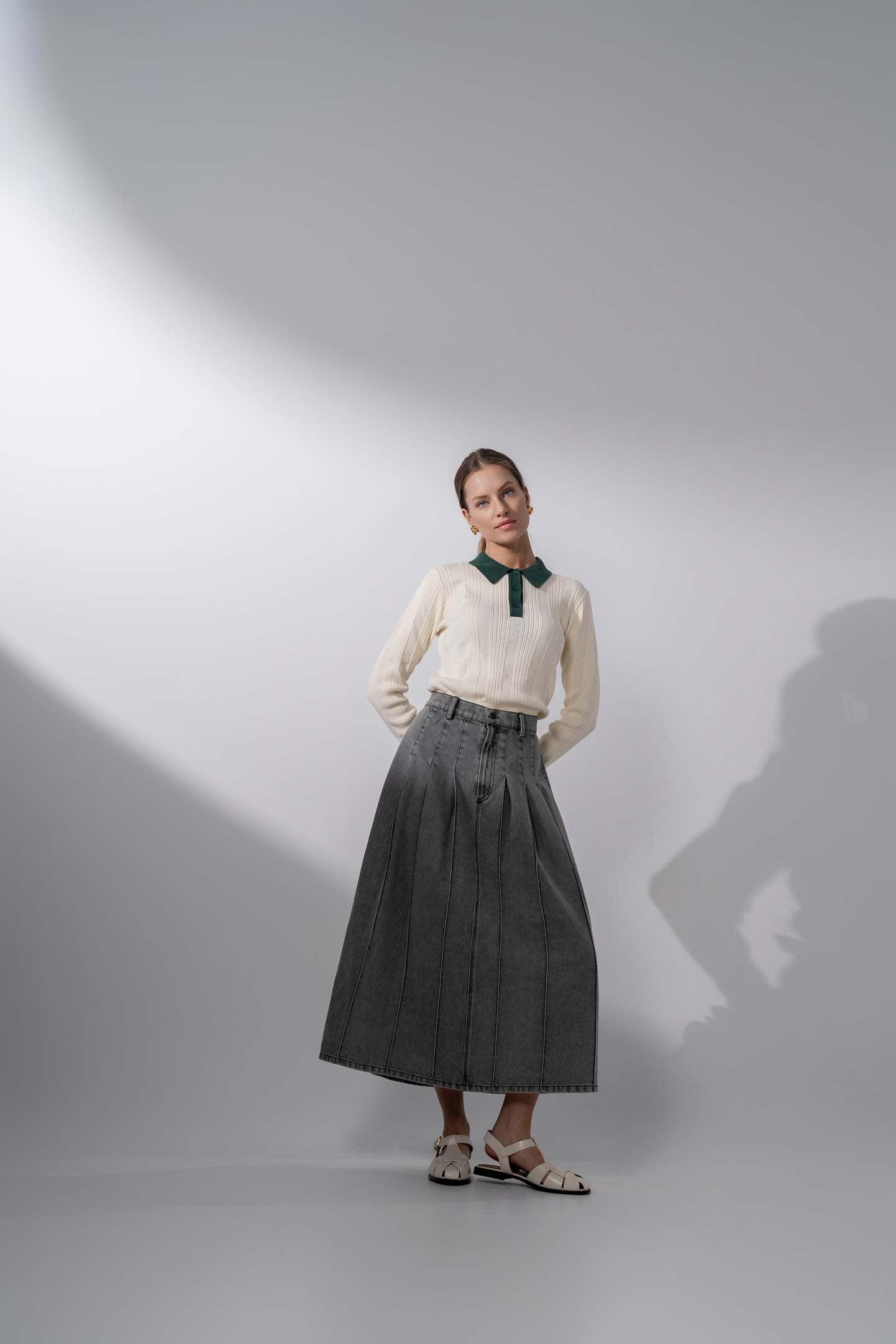 Stitched Pleated Denim Skirt-Grey