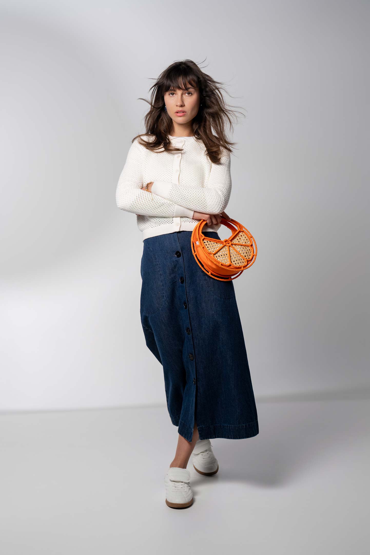 Crochet Knit Button Down Cardigan-White