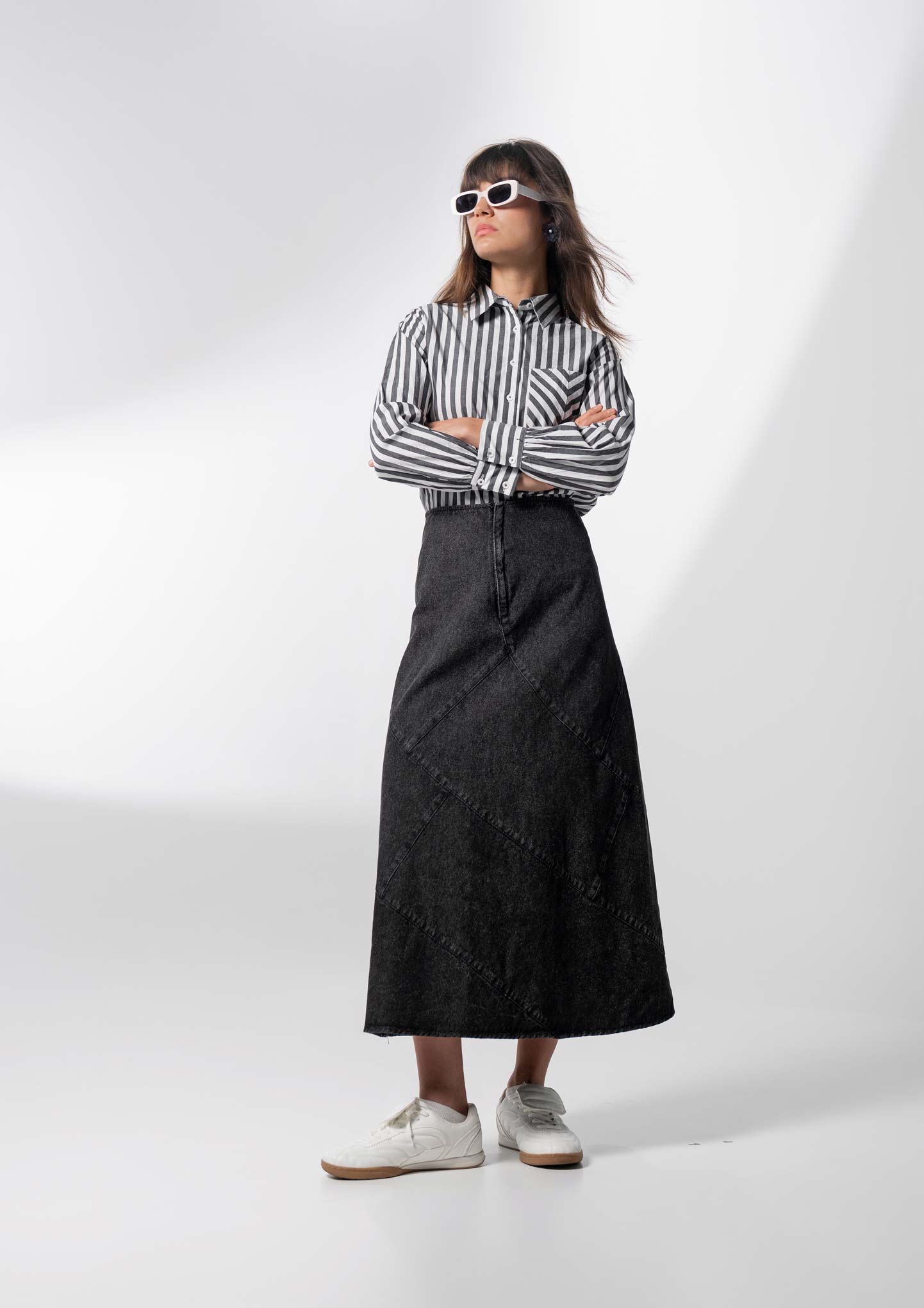 Striped Pocket Cotton Blouse-Black