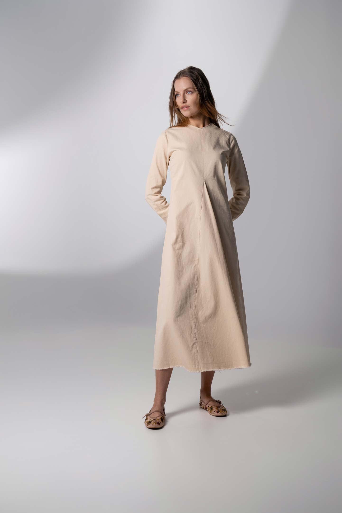 V-Neck Swing Dress-Tan