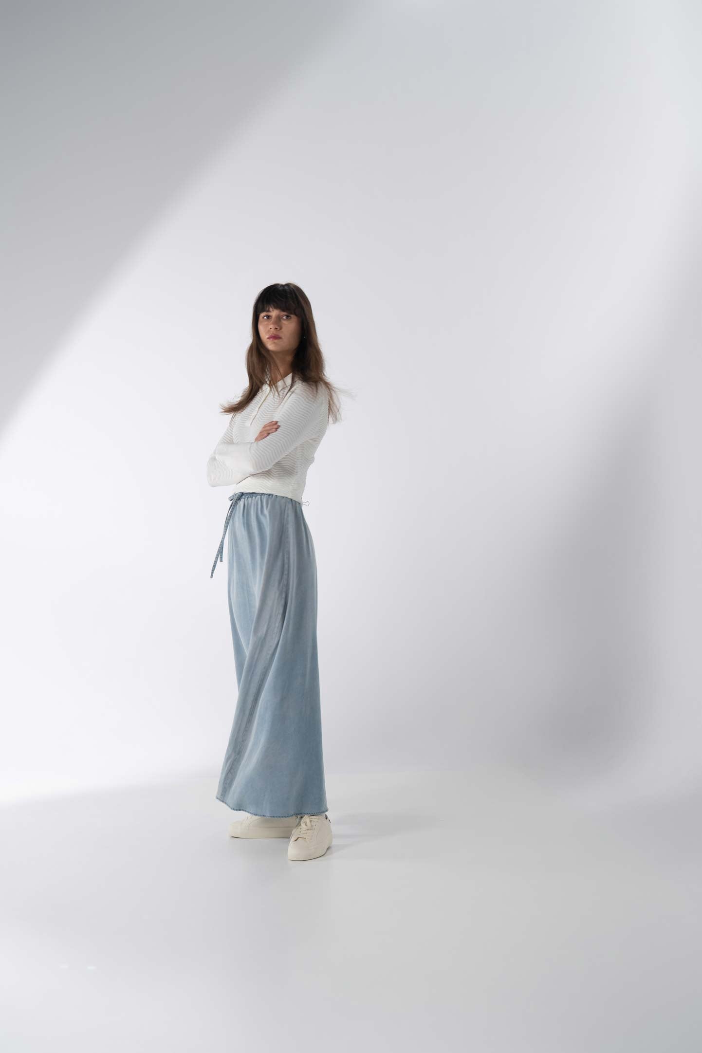 Drawstring Circle Skirt-Light Blue Denim