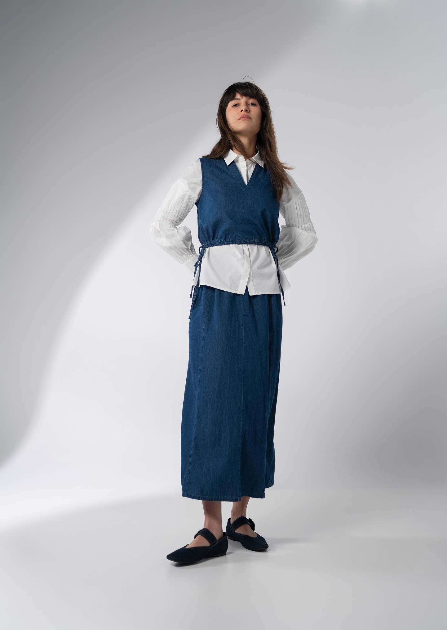 Denim Side Tie V Neck Vest-Blue