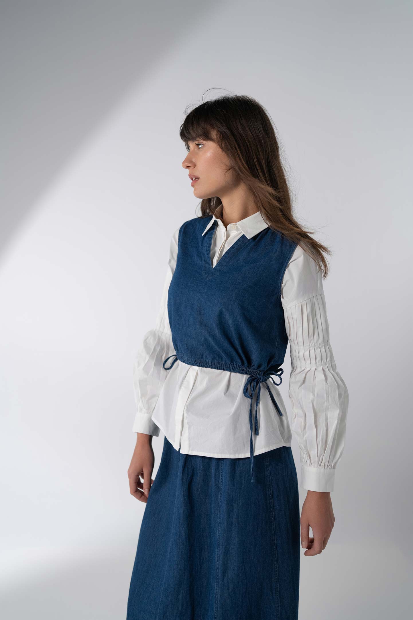 Denim Side Tie V Neck Vest-Blue