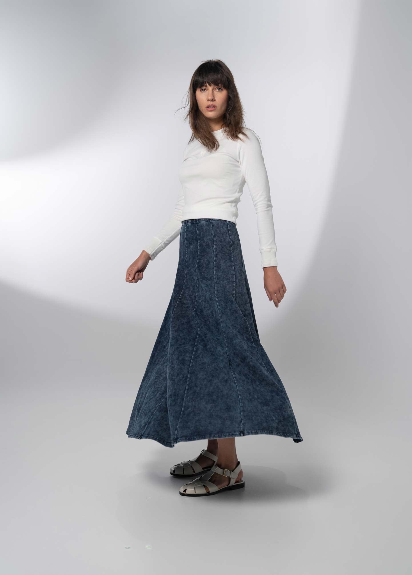 Paneled Flare Skirt 35"-Blue Wash