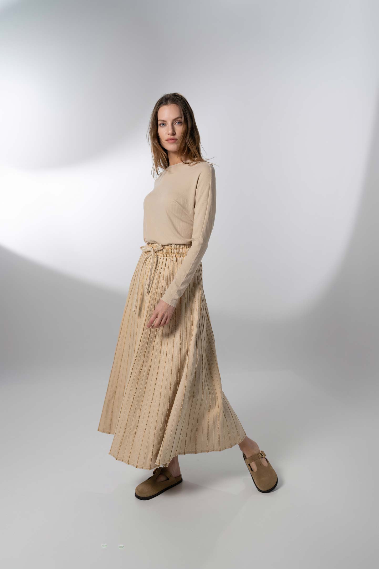 Stitched Micro Pleat Denim Skirt-Tan