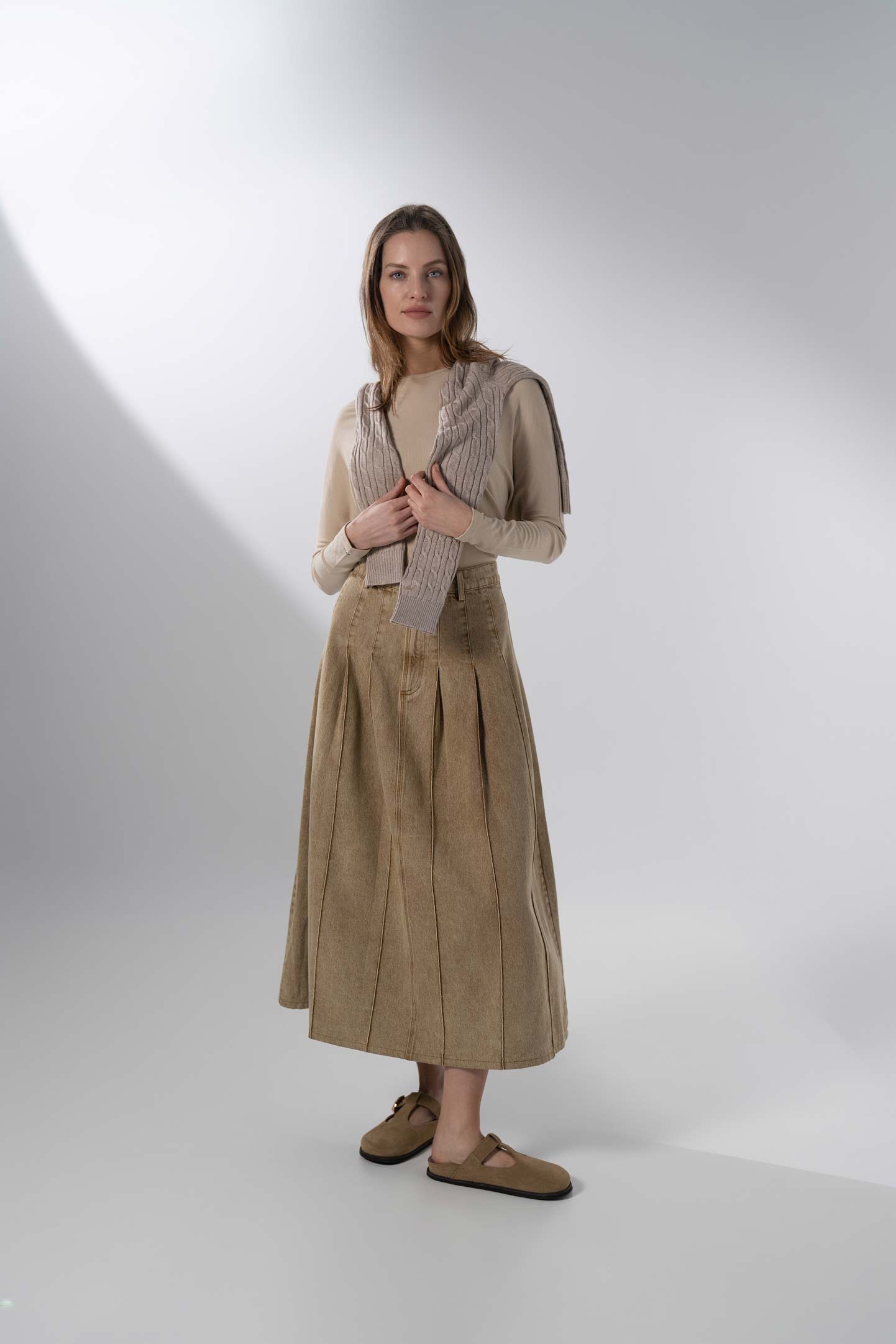 Stitched Pleated Skirt-Tan