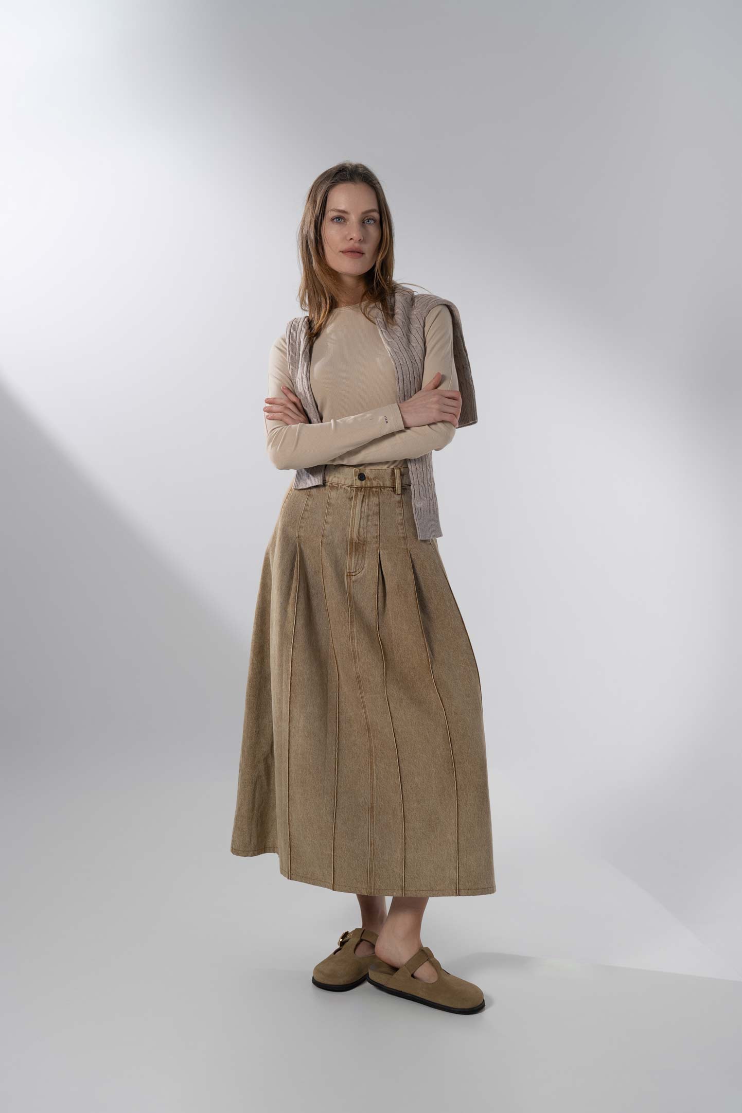 Stitched Pleated Skirt-Tan