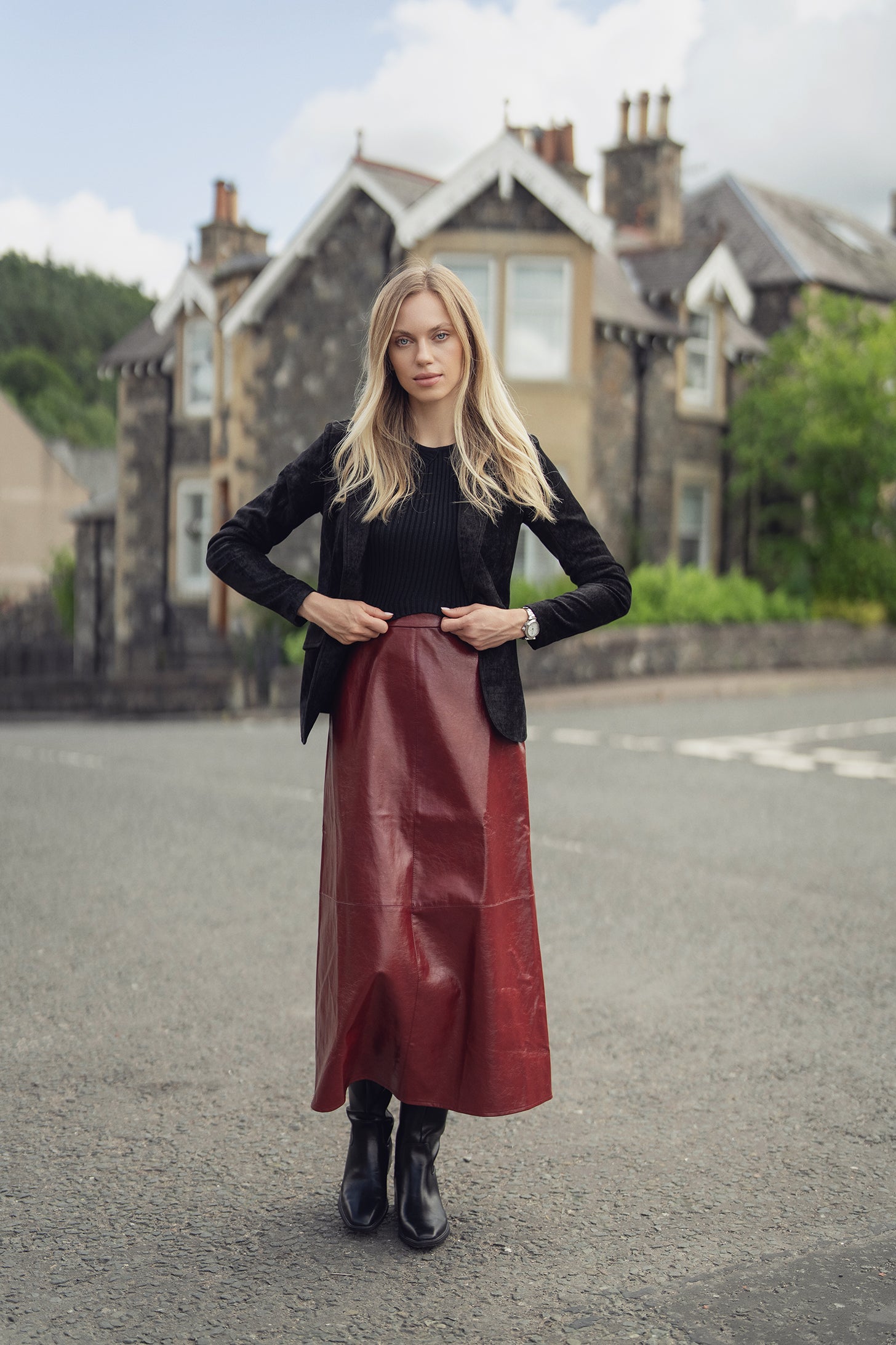 Coated Faux Leather A-Line Skirt-Burgundy Fame on Central Coated Faux Leather A-Line Skirt-Burgundy Fame on Central