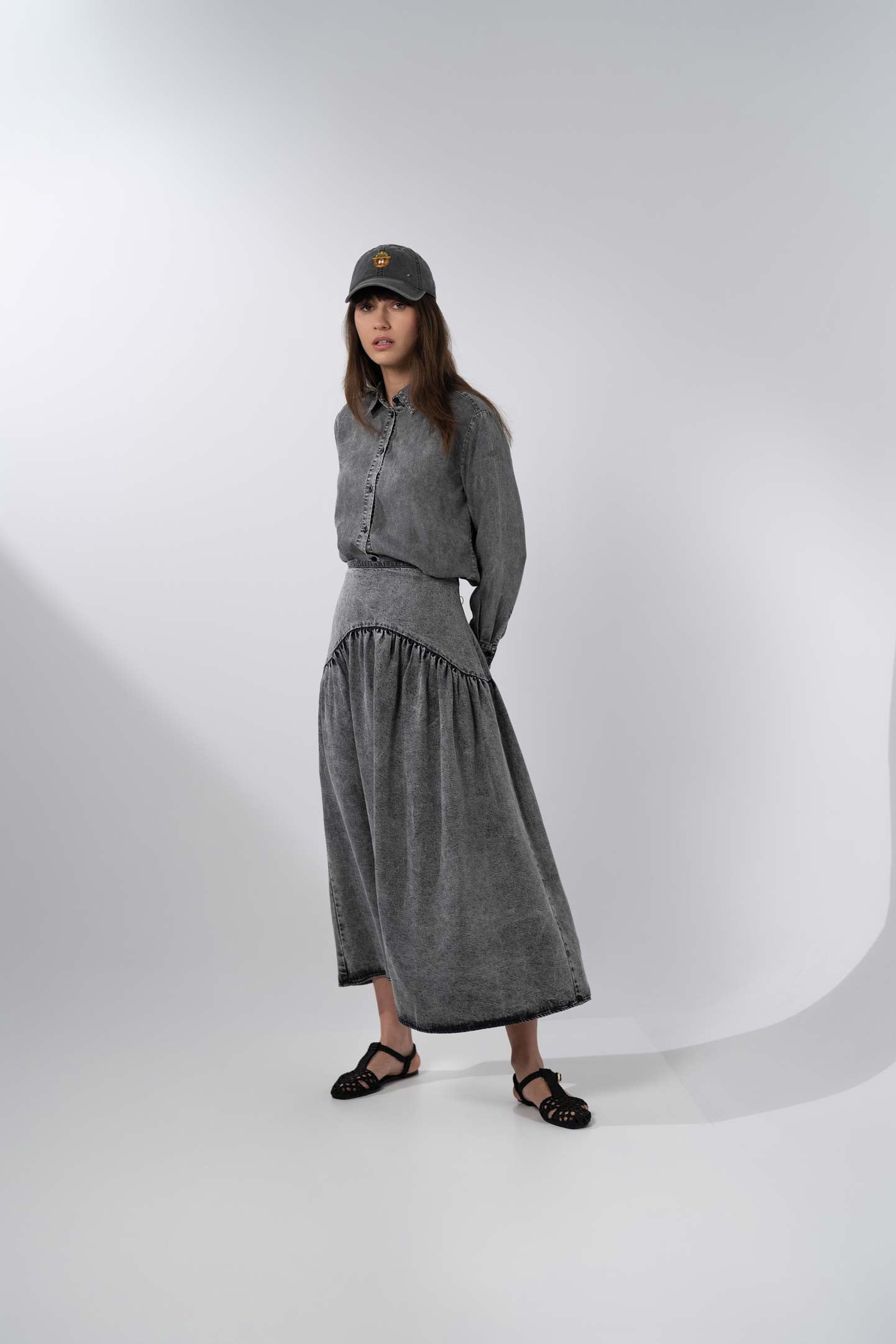 Denim Button Down Blouse-Washed Black