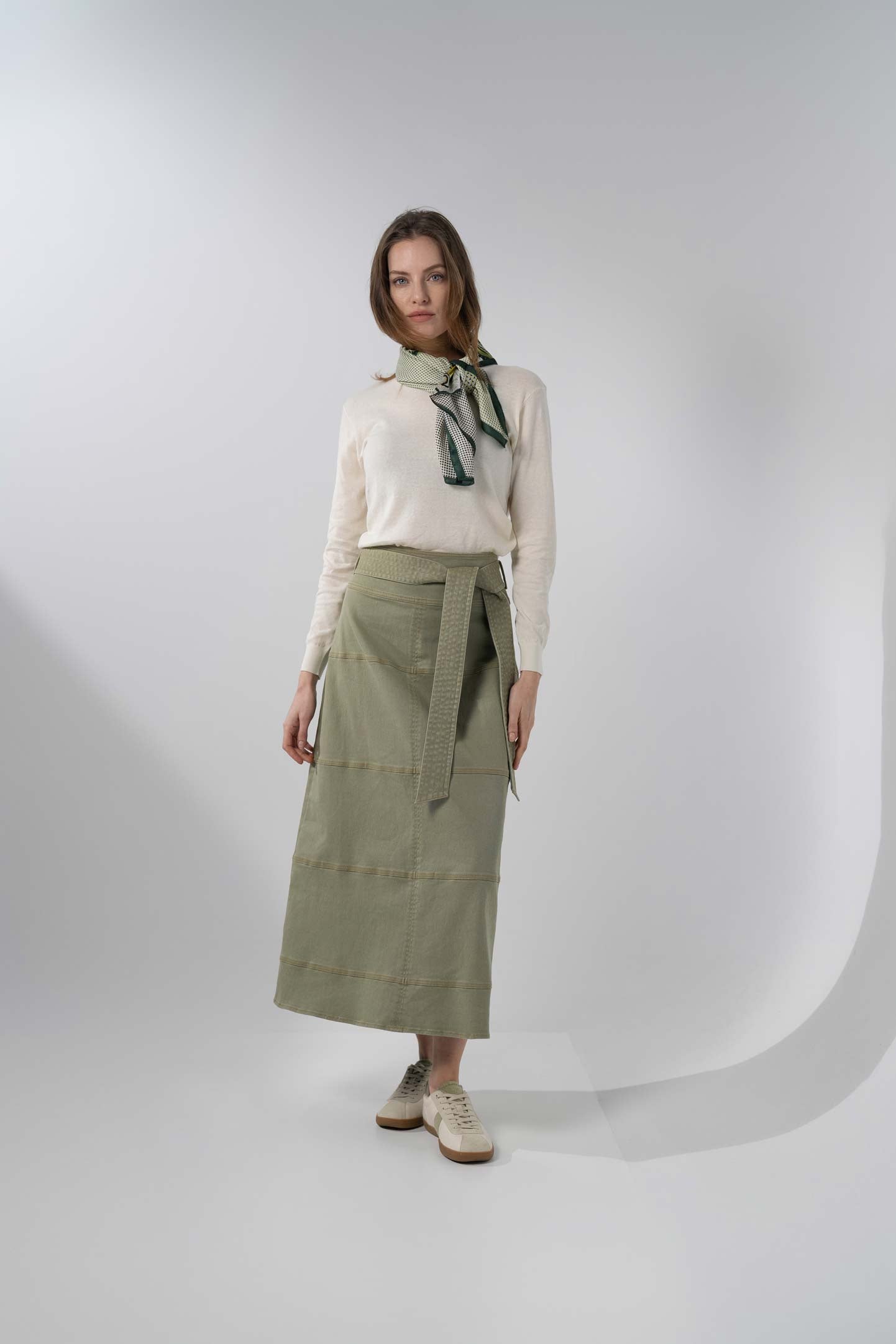 Stitched Tiered Belted Denim Skirt-Sage Green