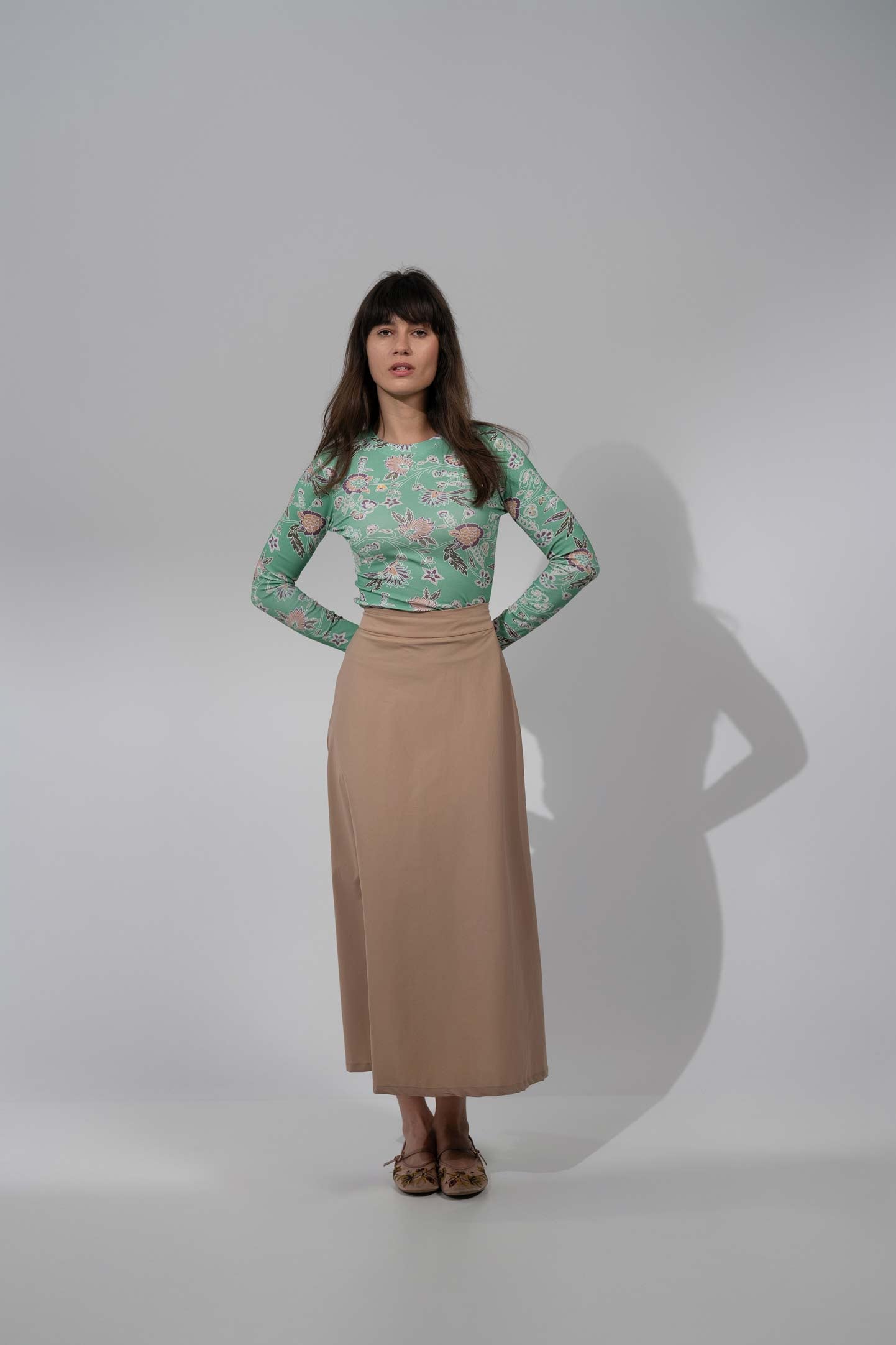 Elastic Back Maxi Cotton Blend Skirt-Tan