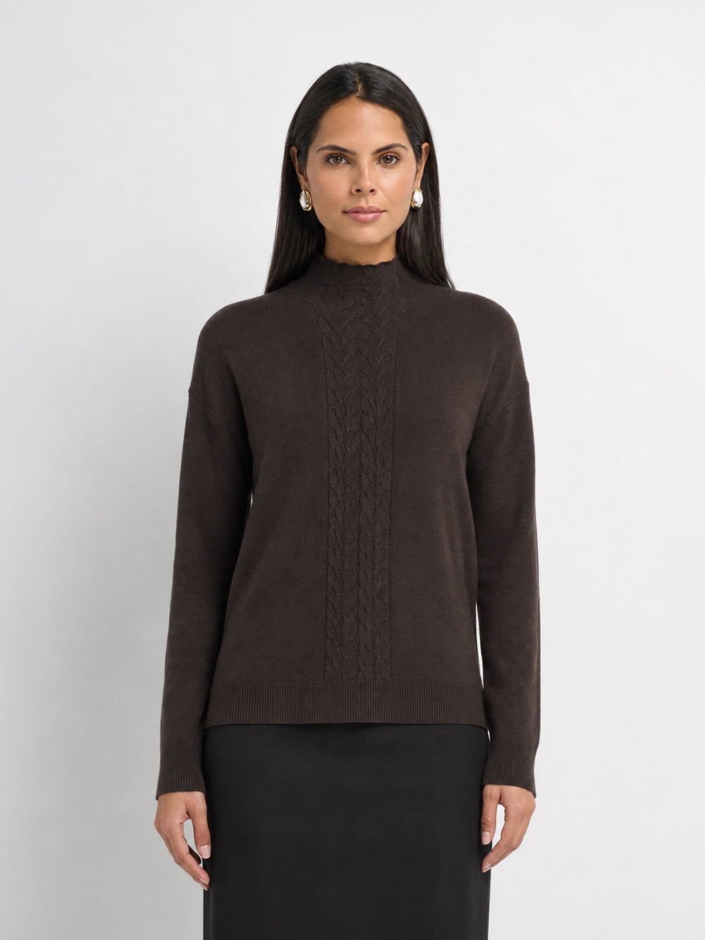 Thin Knit Center Cable Sweater - Chocolate Brown