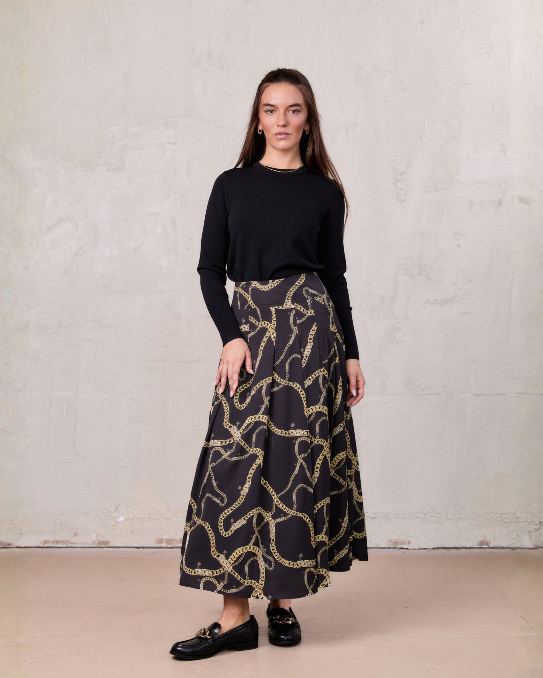 Print Yoke Pleated Skirt-Gold Chains