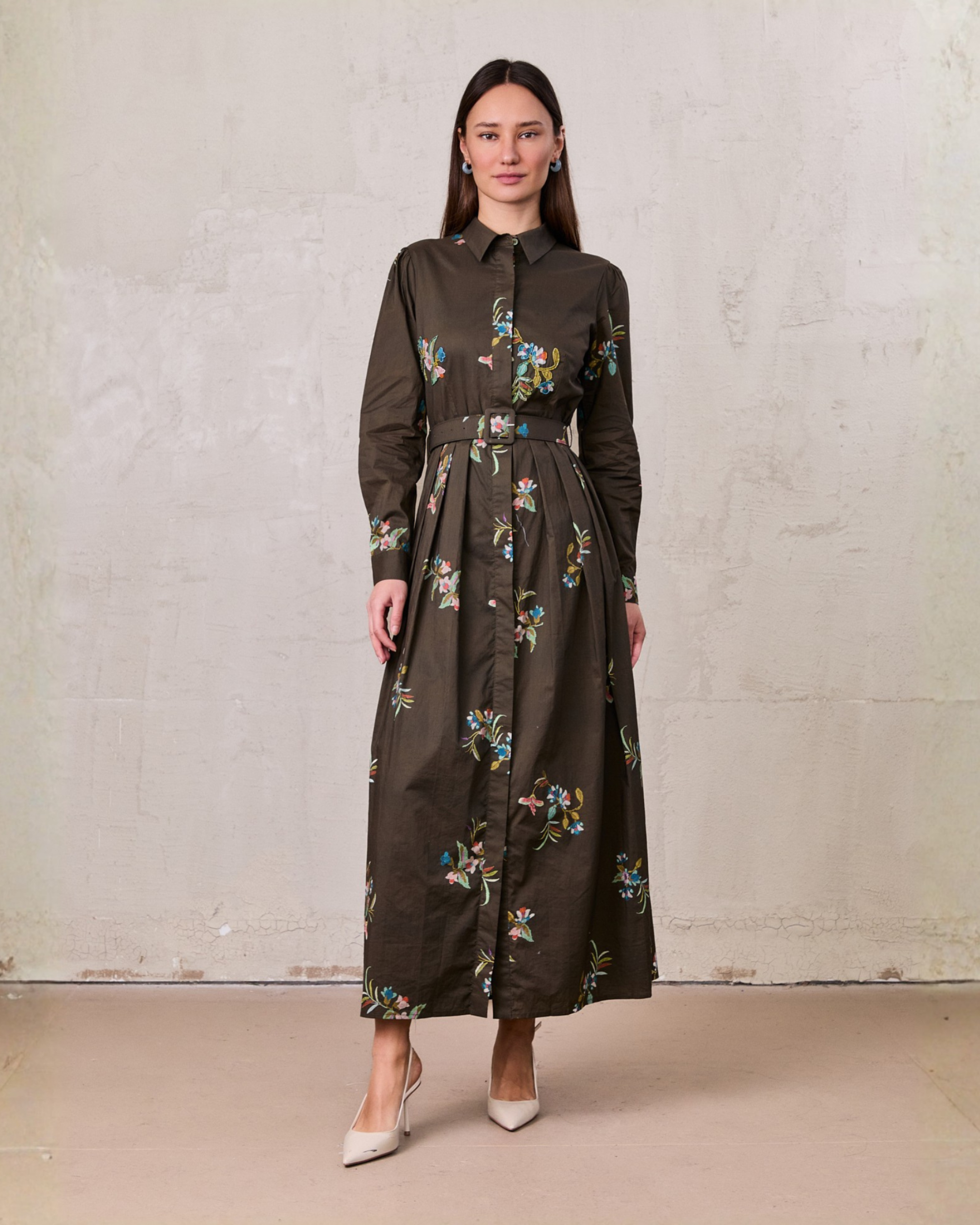 Belted Pleated Bottom Shirtdress-Beaded Floral