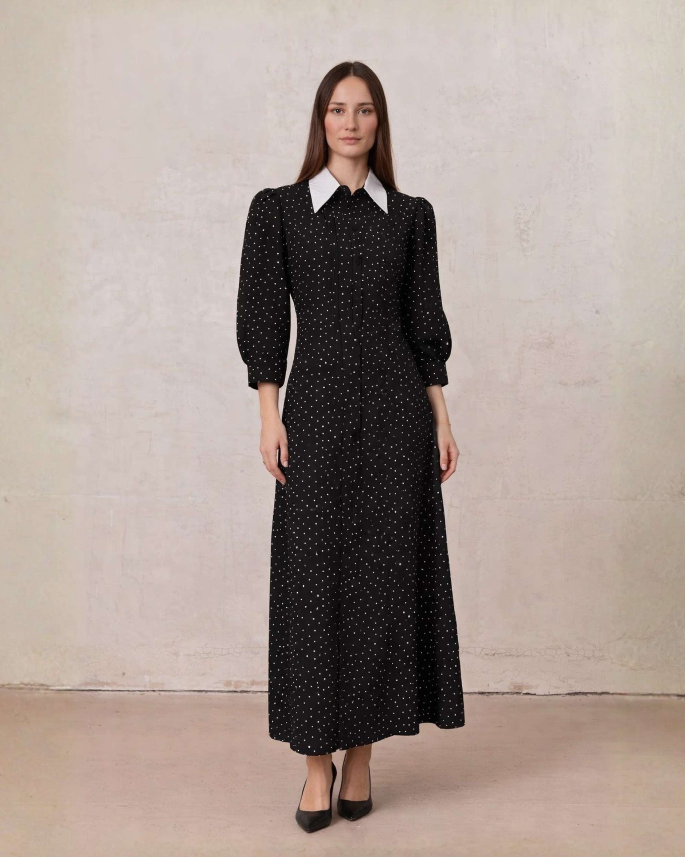 Collared Ruched Back Shirtdress-Polka Dot