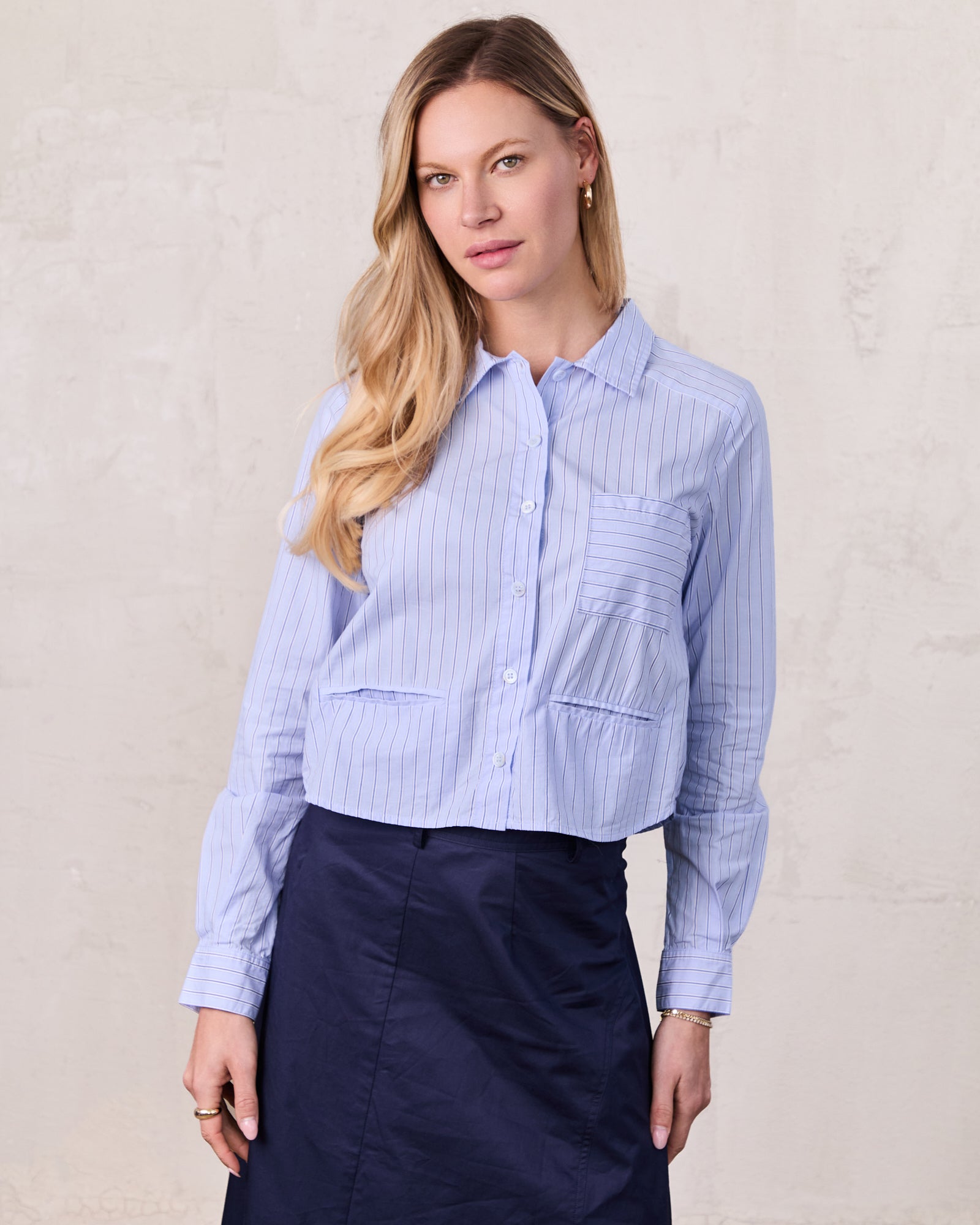 Crop Pinstripe Blouse-Blue/White
