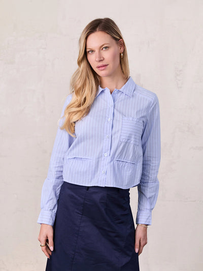 Crop Pinstripe Blouse-Blue/White