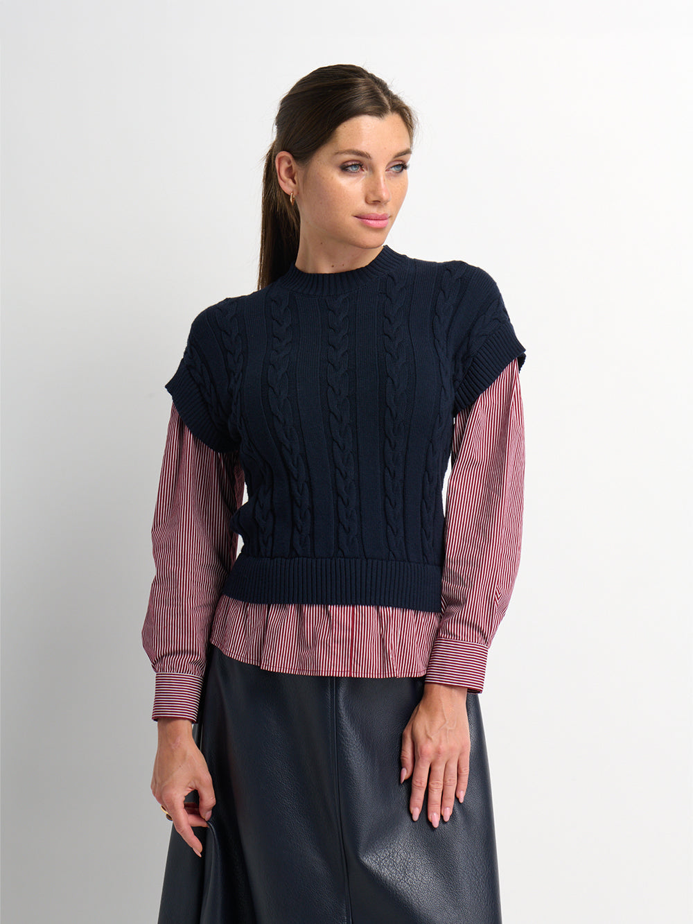 Striped Shirt Detail Sweater - Navy/Burgundy Stripe